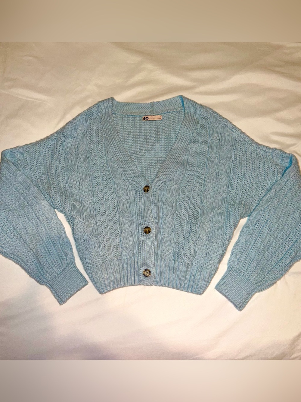 SO Light Sky Blue Cable Knit Cardigan Sweater with Button-Up Front